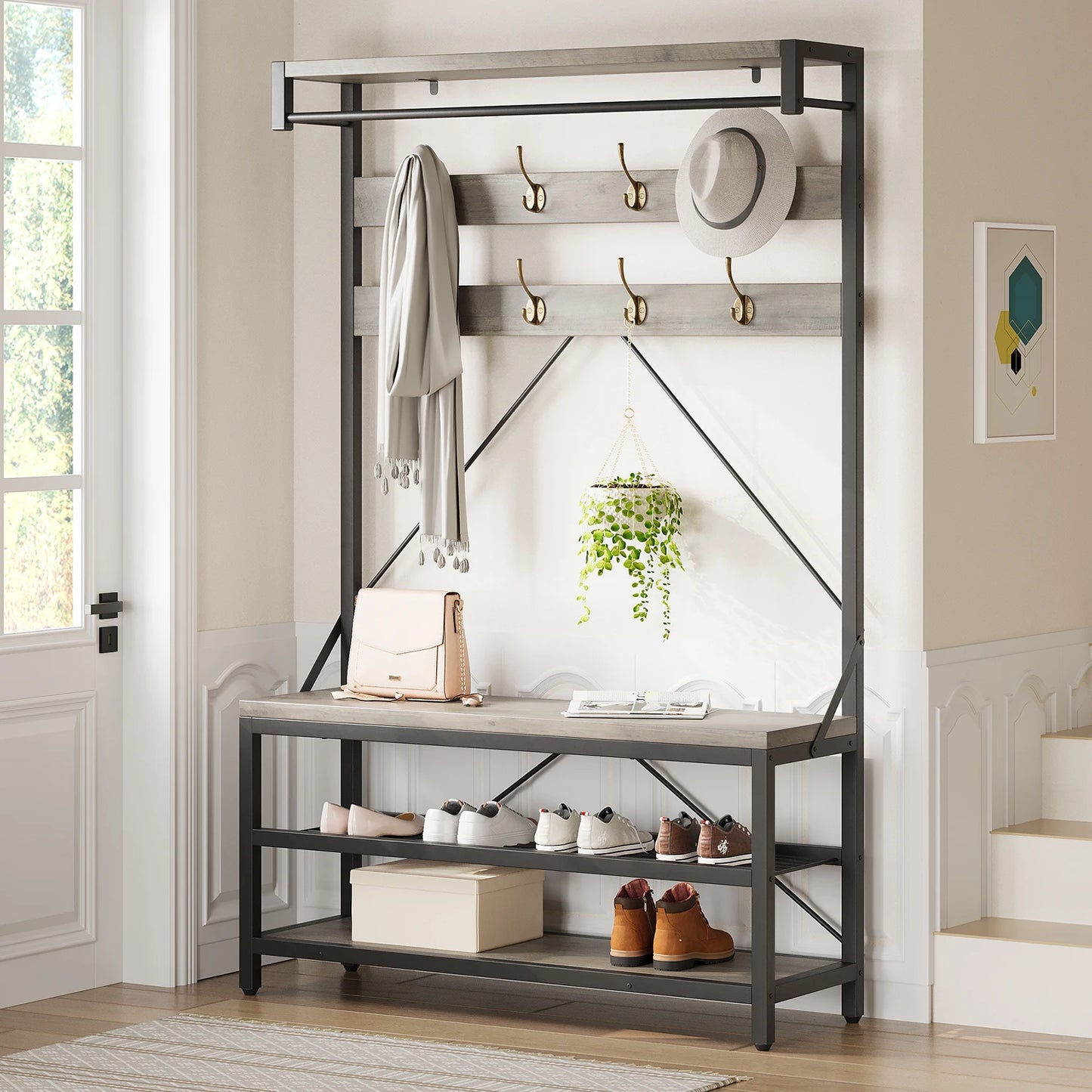 72Inch Tall Coat Rack 5-in-1 Shoe Rack/Bench, Storage shelves 8 Hooks