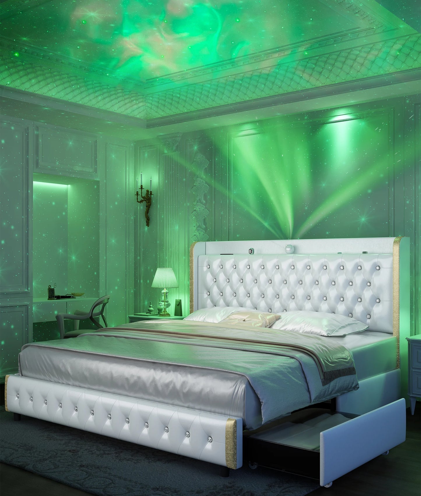 Queen LED Bed Frame Galaxy Projector, Bluetooth Speaker, USB Ports