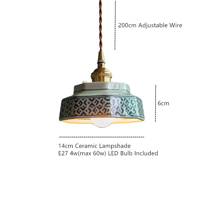 Vintage LED Pendant Light Freehand Painting Ceramic Copper