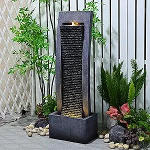 Modern Indoor Curved Faux Slate Waterfall Fountain with LED Lighting,