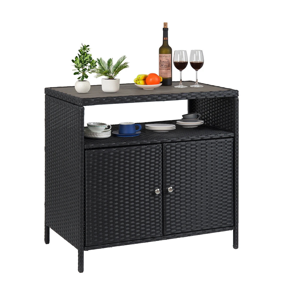 Weatherproof Outdoor Wicker Bar Table Storage Cabinet Double Doors & Shelves
