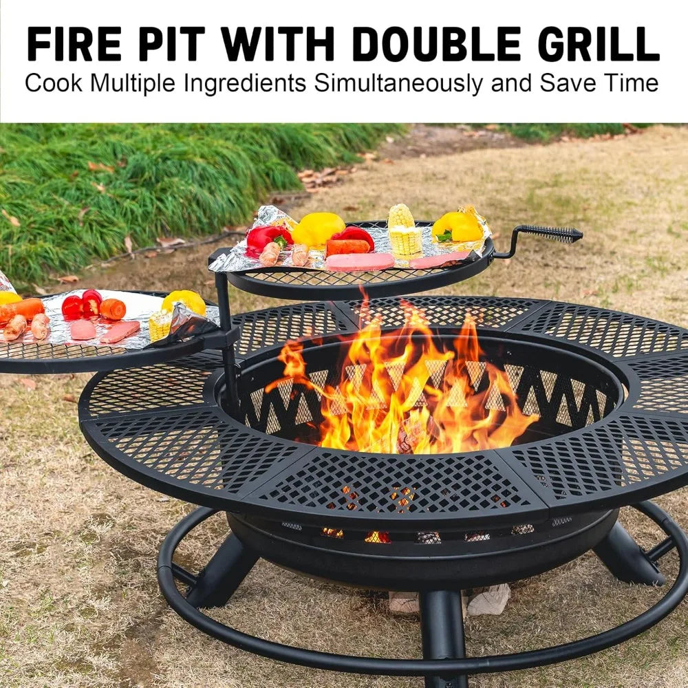 47 Inch Fire Pit with 2 Grills, Outdoor Extra Large Firepits for Outside,