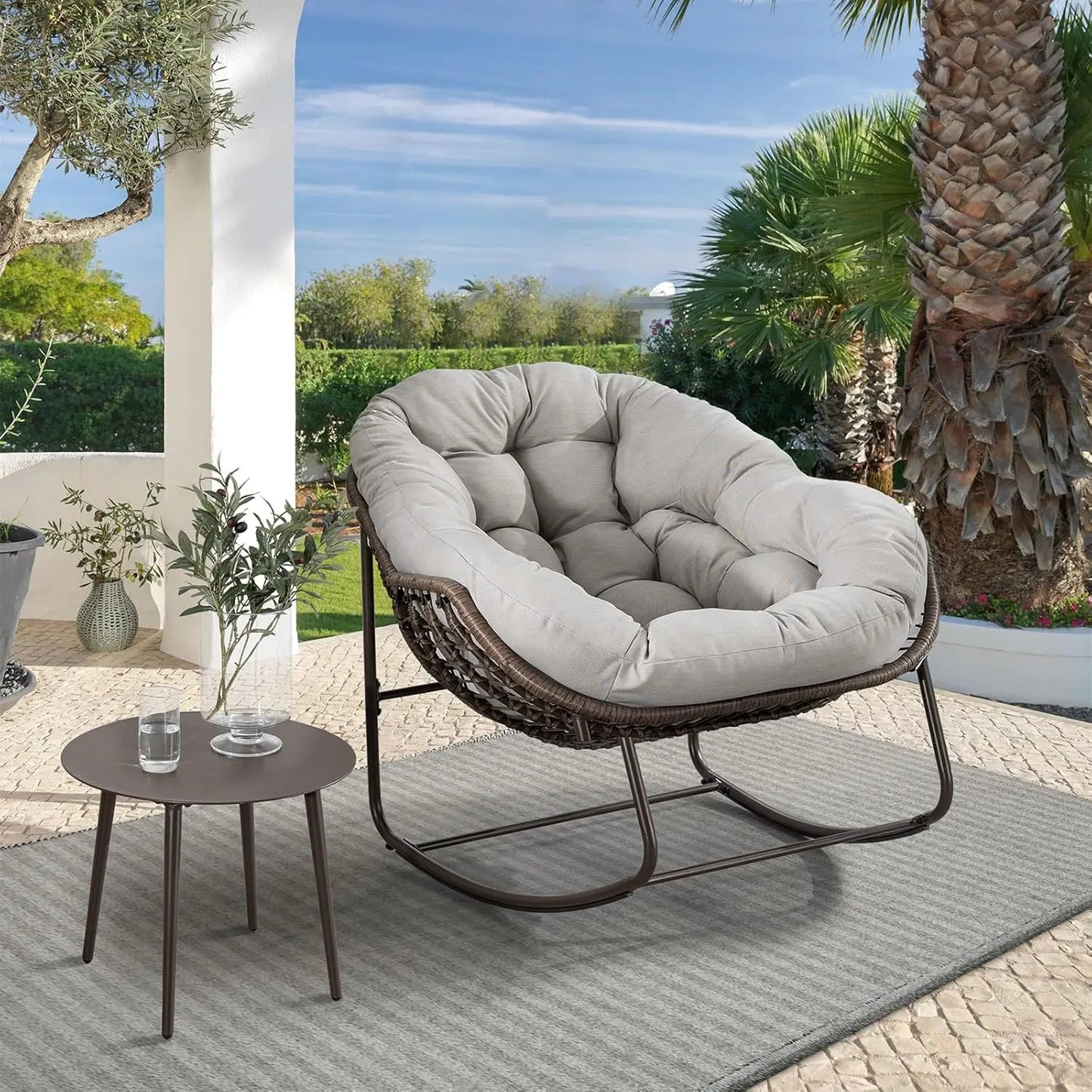 Oversized Rattan Egg Rocking Chair Padded Cushion Indoor Outdoor