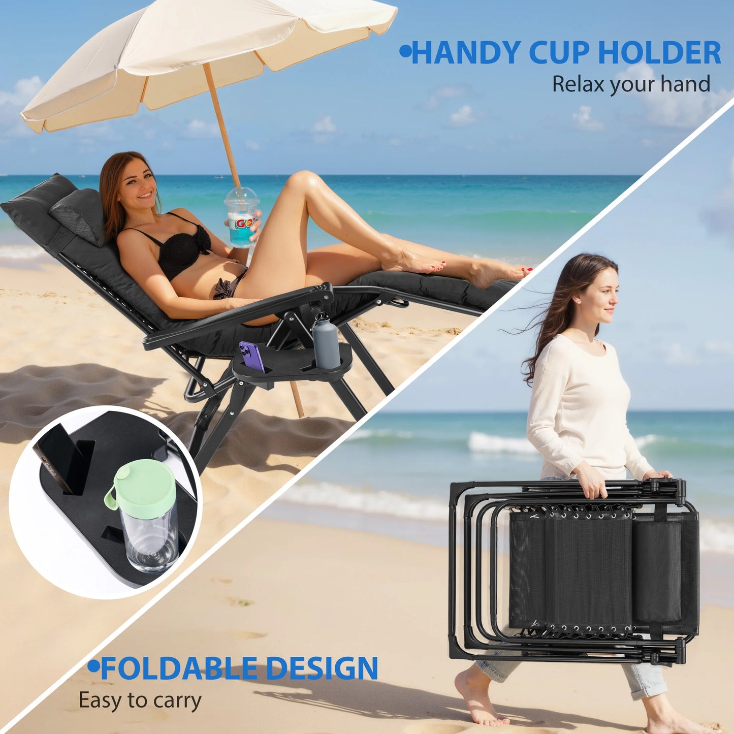 Zero Gravity Cushioned Lounge Chair Outdoor Folding Padded Cup Holder