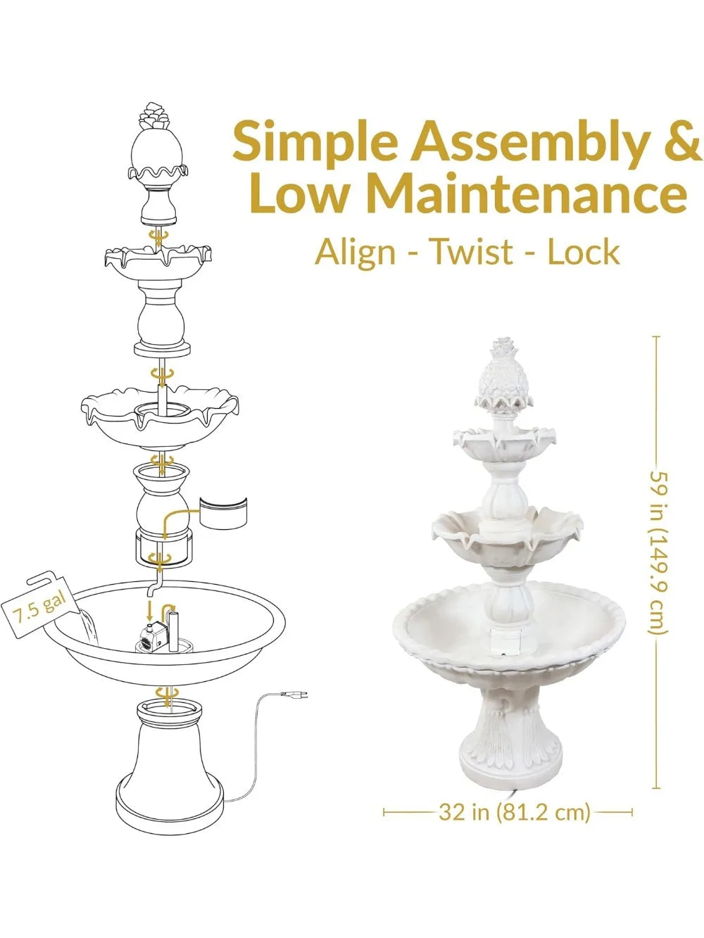 57" H Welcome 3-Tier Water Fountain - Large Electric with Pineapple Topper