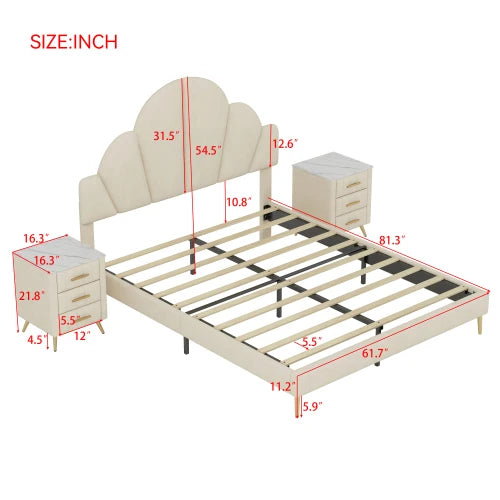 3 Pieces Queen Size Modern Velvet Upholstered Bed Frame