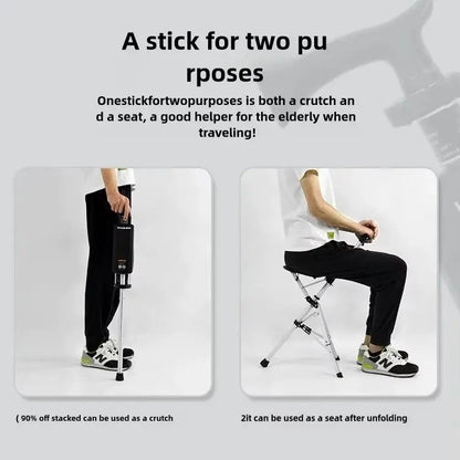 A 2-in-1 portable folding cane and chair  can be quickly folded and unfolded,