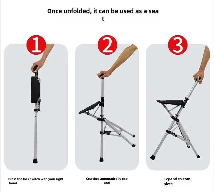 A 2-in-1 portable folding cane and chair  can be quickly folded and unfolded,