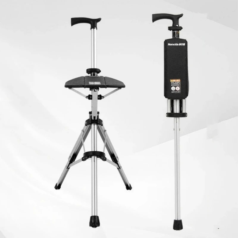 A 2-in-1 portable folding cane and chair  can be quickly folded and unfolded,