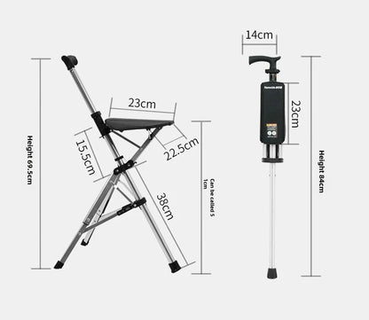 A 2-in-1 portable folding cane and chair  can be quickly folded and unfolded,