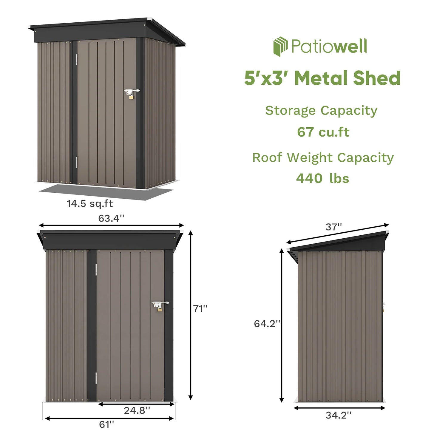 Patiowell 5x3 FT Outdoor Storage Shed, Tool Shed