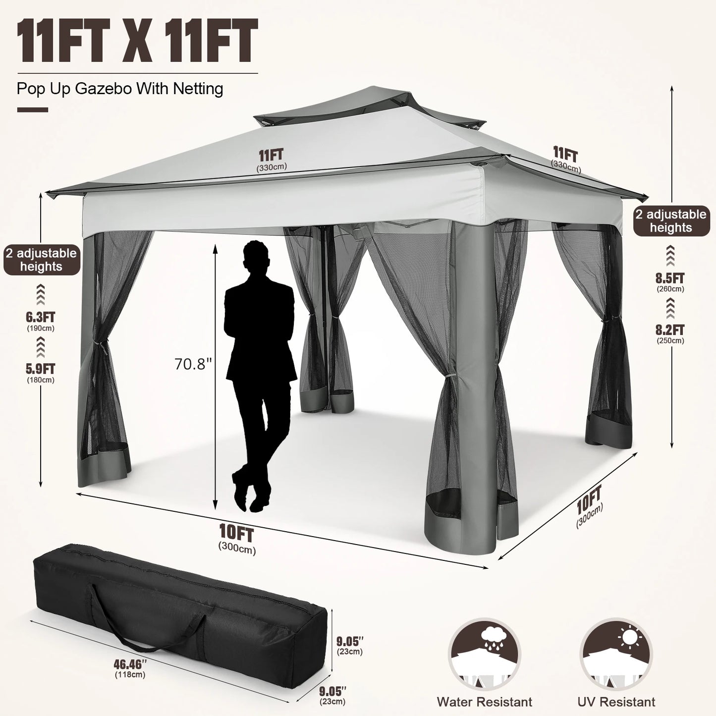 11x11ft Pop Up Gazebo Pavilion With Mosquito Netting Outdoor