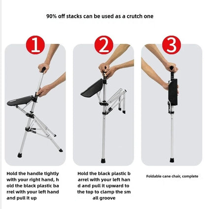 A 2-in-1 portable folding cane and chair  can be quickly folded and unfolded,