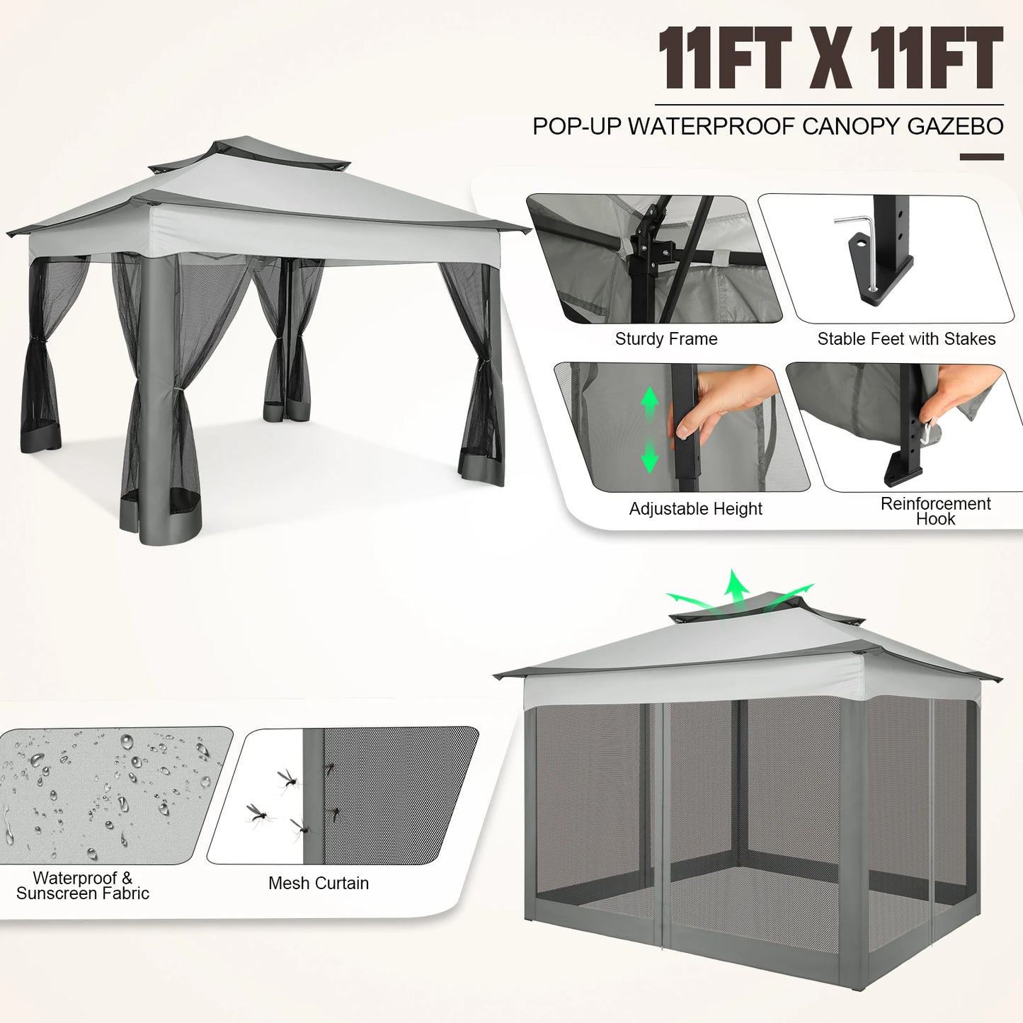 11x11ft Pop Up Gazebo Pavilion With Mosquito Netting Outdoor