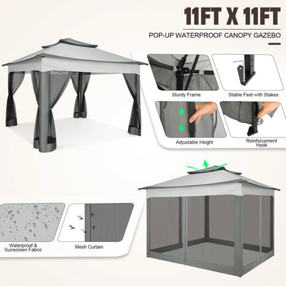 11x11ft Pop Up Gazebo Pavilion With Mosquito Netting Outdoor