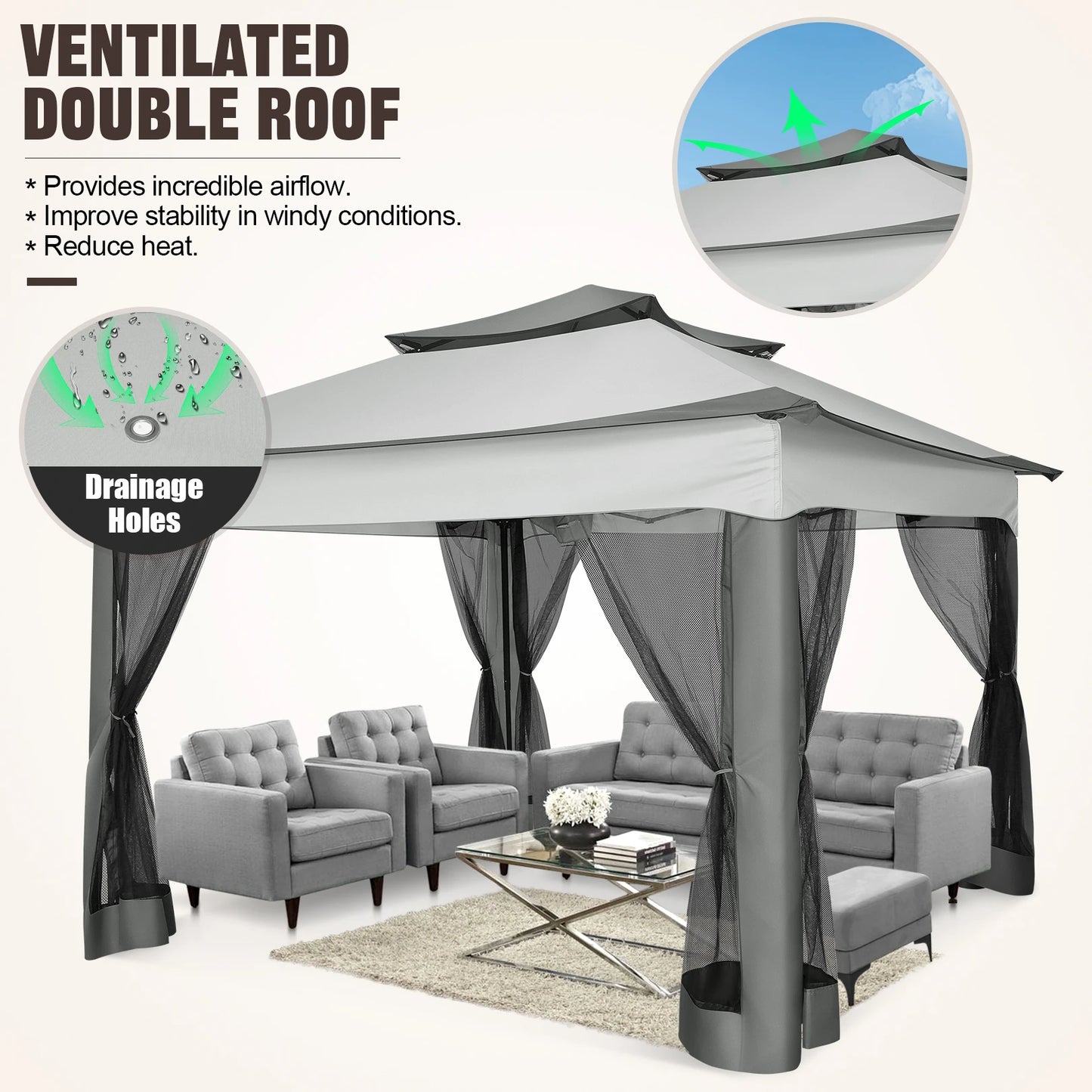 11x11ft Pop Up Gazebo Pavilion With Mosquito Netting Outdoor
