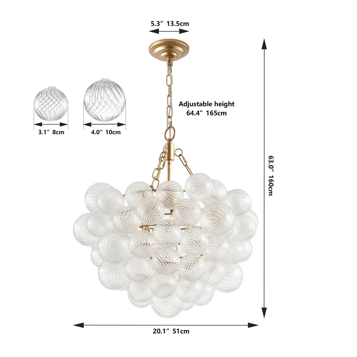 20-Inch Gold Pendant Light Chandelier with Threaded Clear Glass Globe