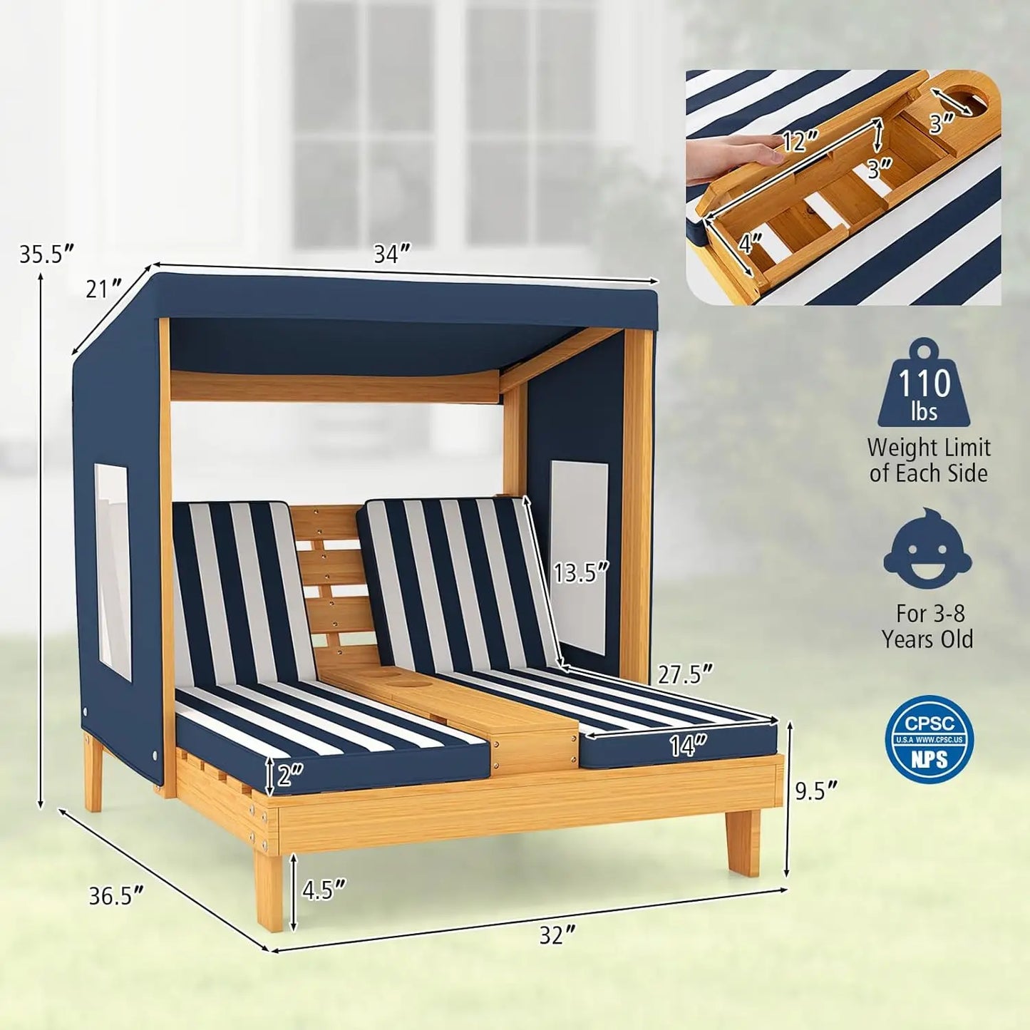 Kids Chaise Lounge Chair Outdoor, Toddler Wood Double Pool Lounger