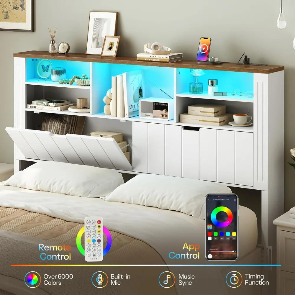 Queen Only, Bookcase Headboards with Charging Station and LED Lights