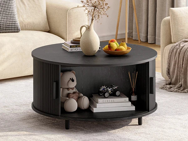 Round Coffee Table Modern 360° Curved Sliding Door, Fluted Wood