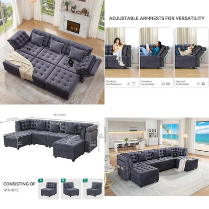 U-Shaped Sectional Convertible Sofa with Storage, 6-Seat
