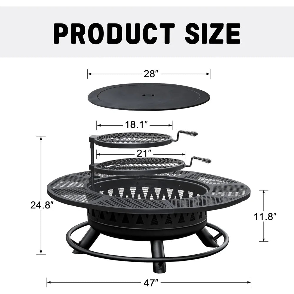 47 Inch Fire Pit with 2 Grills, Outdoor Extra Large Firepits for Outside,