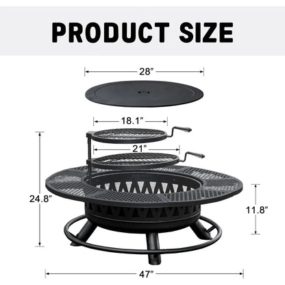 47 Inch Fire Pit with 2 Grills, Outdoor Extra Large Firepits for Outside,