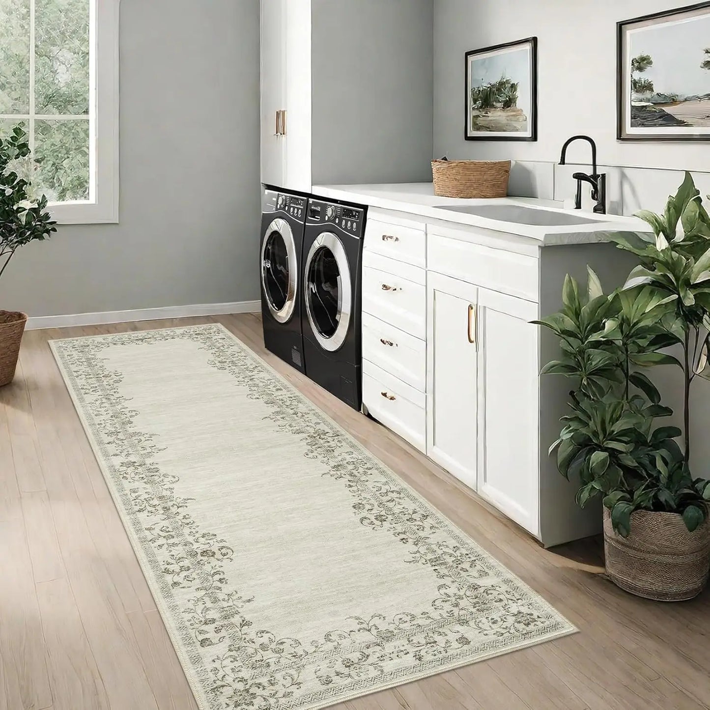 Washable Area Floral Bordered Large Rug Soft Carpet