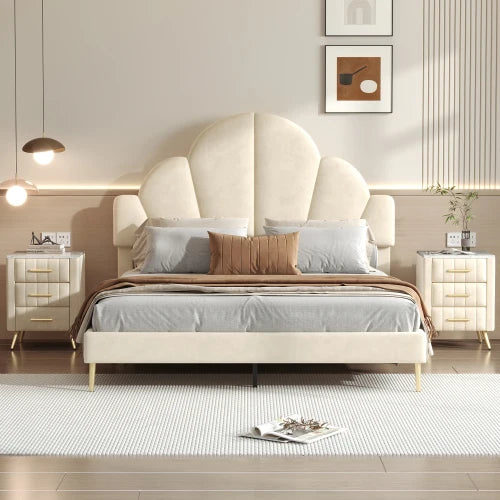 3 Pieces Queen Size Modern Velvet Upholstered Bed Frame
