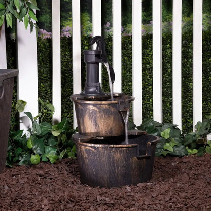 Rustic Outdoor 2Tier Barrel Pump Water Fountain Relaxing Water Flow