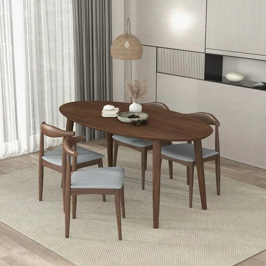 Solid Wood Walnut Oval Dining Table with 4 Chairs Set