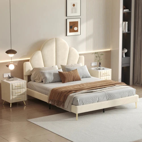 3 Pieces Queen Size Modern Velvet Upholstered Bed Frame