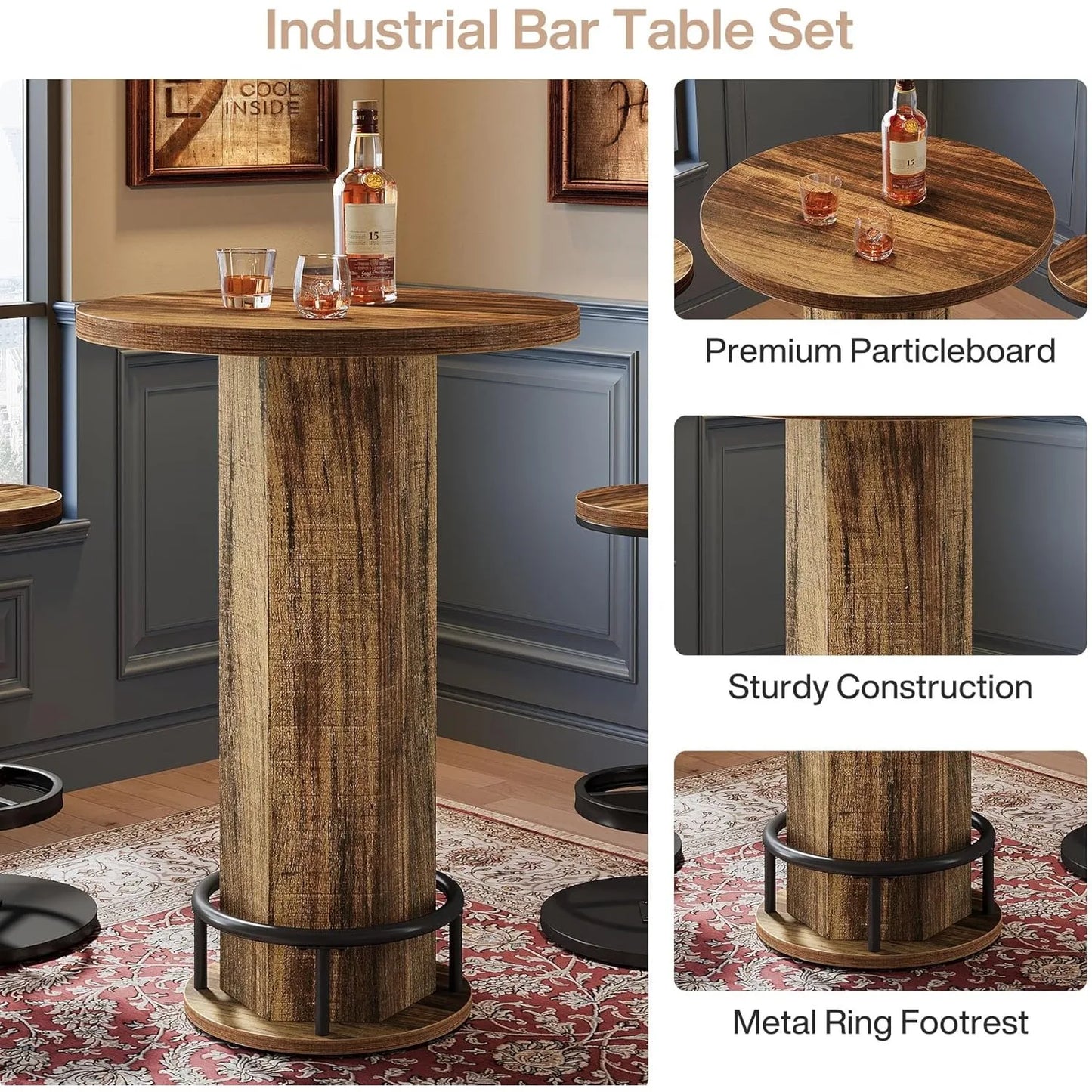 LITTLE TREE Round Bar Table with 2 barstools, Metal Ring Footrest