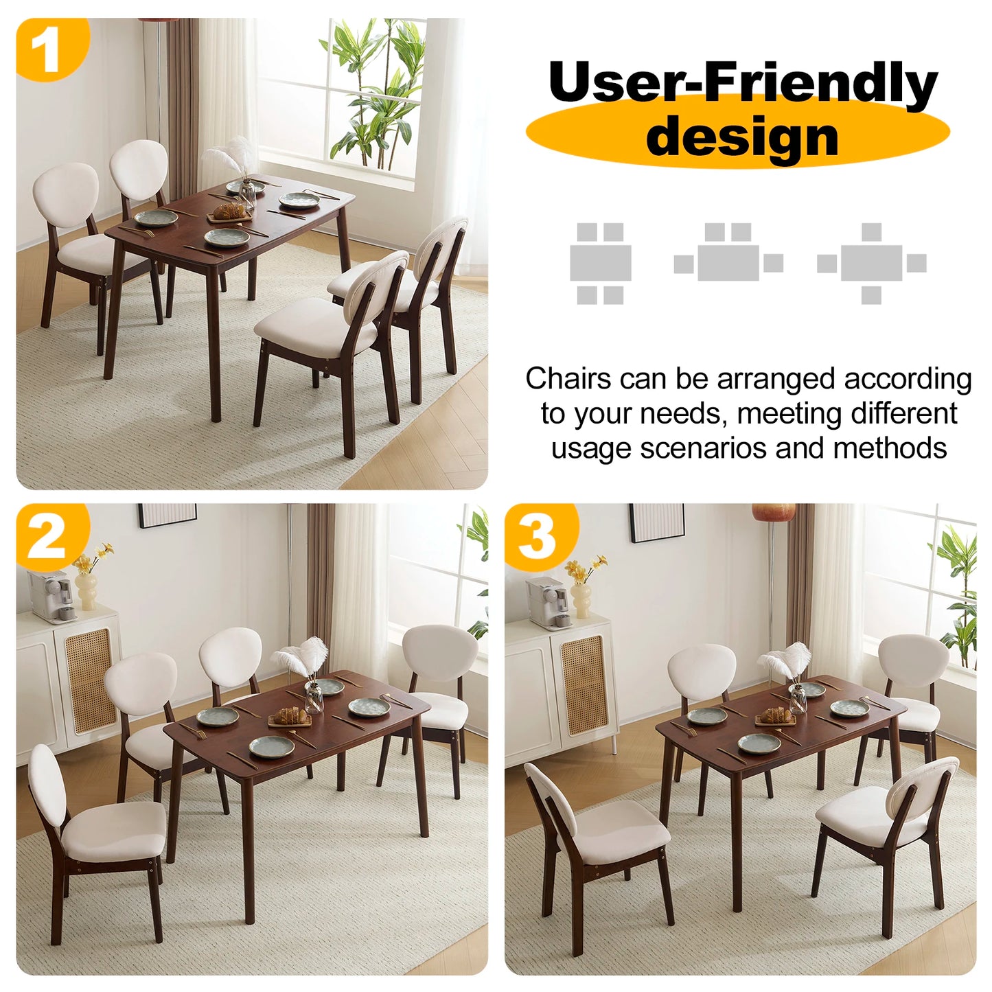 Rubber wood soft back deep walnut dining set beige