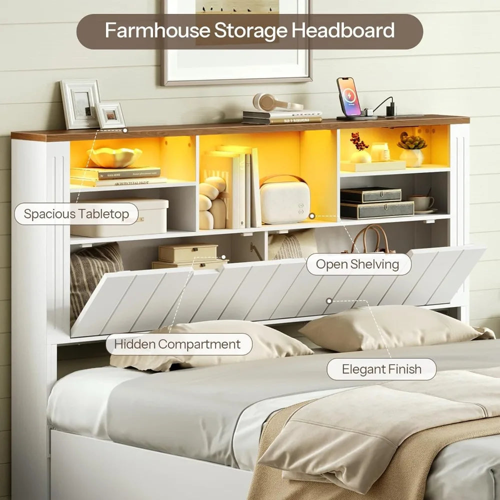 Queen Only, Bookcase Headboards with Charging Station and LED Lights
