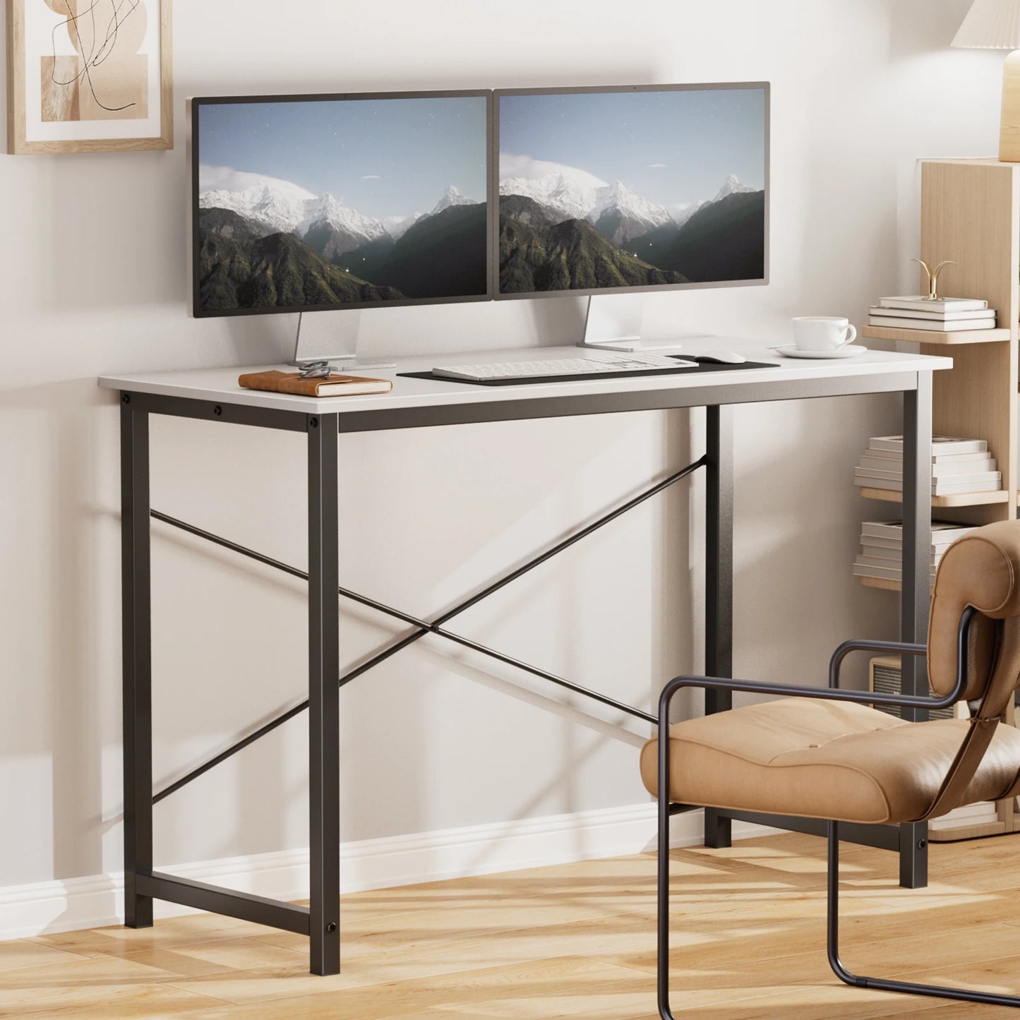 Computer Office Desk Compact Metal Frame Wood Tabletop Easy Assembly