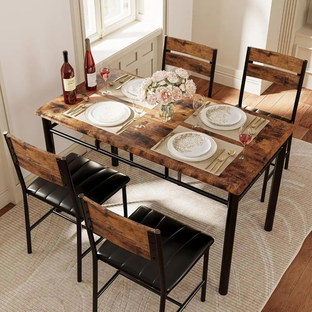 Dining Table Set for 4, Wood Kitchen Table/Upholstered Chairs , Rustic Brown