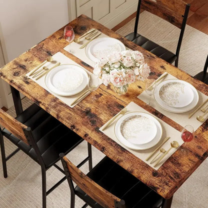 Dining Table Set for 4, Wood Kitchen Table/Upholstered Chairs , Rustic Brown