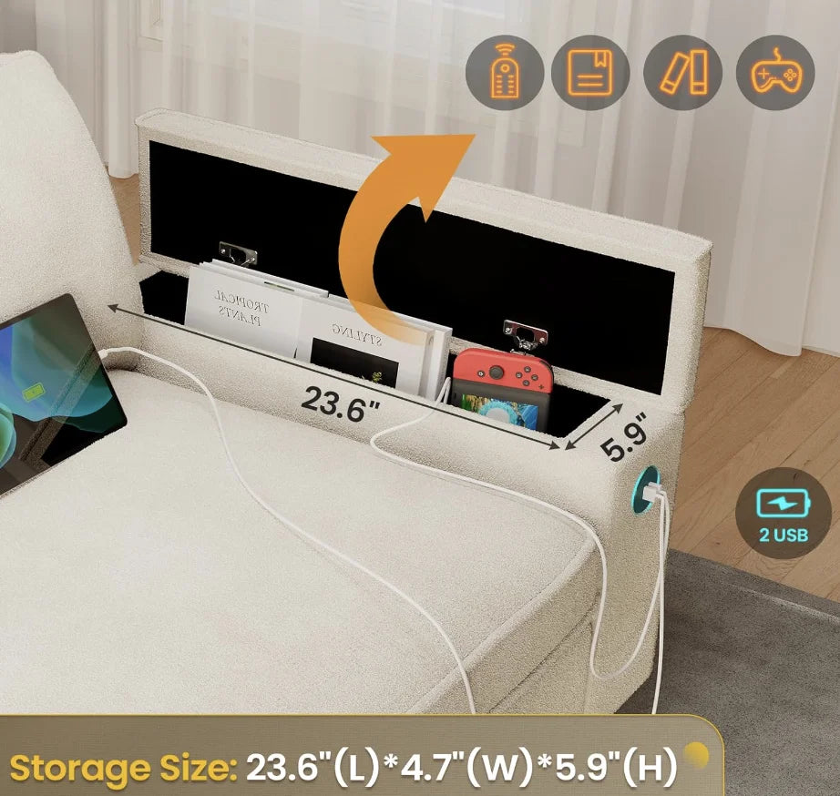 Extra Deep Seats, Oversized Loveseat Sofa with Storage/2 USB Charging