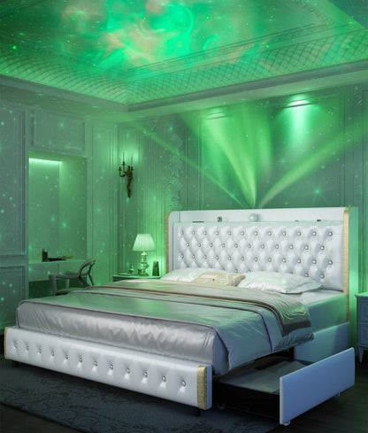 Queen LED Bed Frame Galaxy Projector, Bluetooth Speaker, USB Ports
