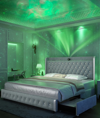 Queen LED Bed Frame Galaxy Projector, Bluetooth Speaker, USB Ports