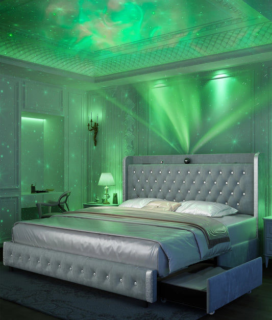 Queen LED Bed Frame Galaxy Projector, Bluetooth Speaker, USB Ports