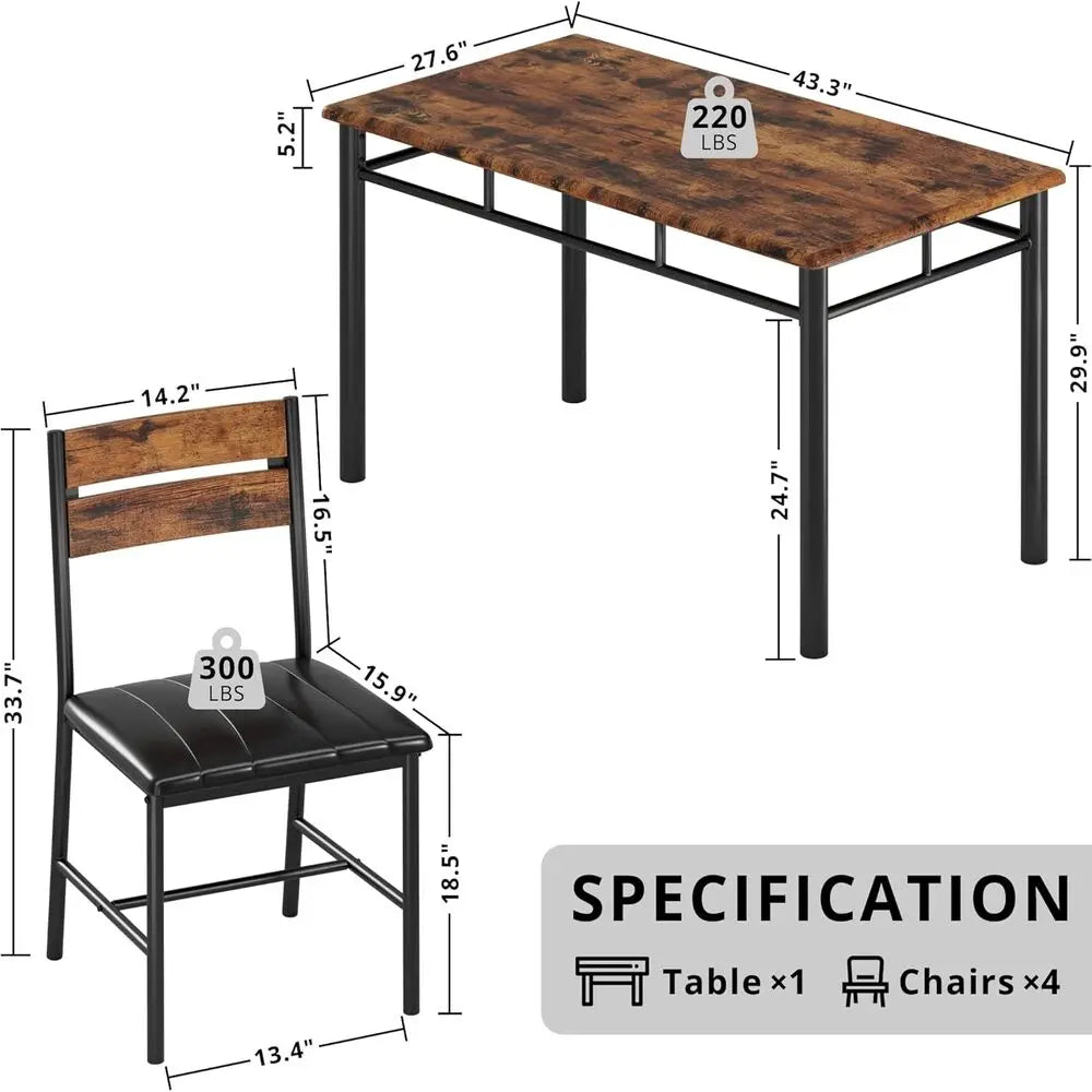 Dining Table Set for 4, Wood Kitchen Table/Upholstered Chairs , Rustic Brown