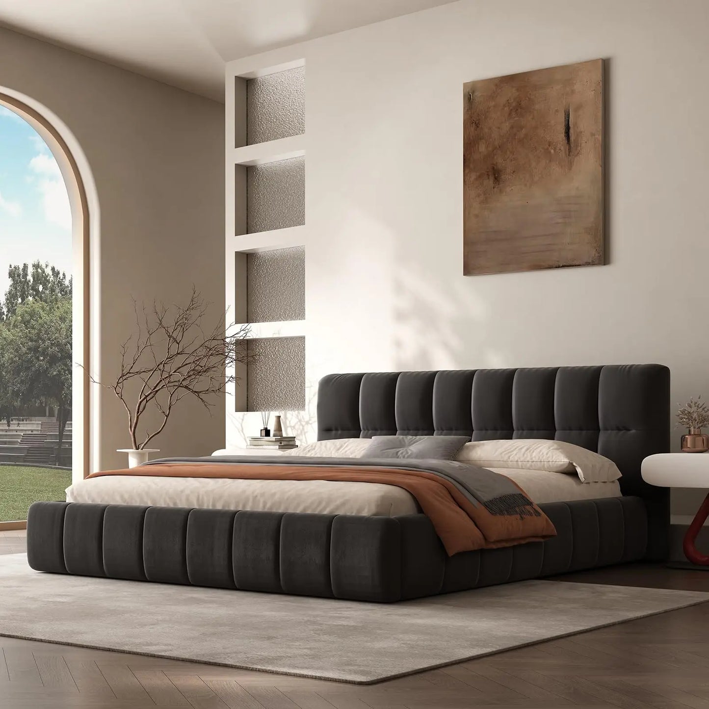 Queen Cloud Platform Bed with 38.5-inch Extra-Thick Soft Headboard, Cream
