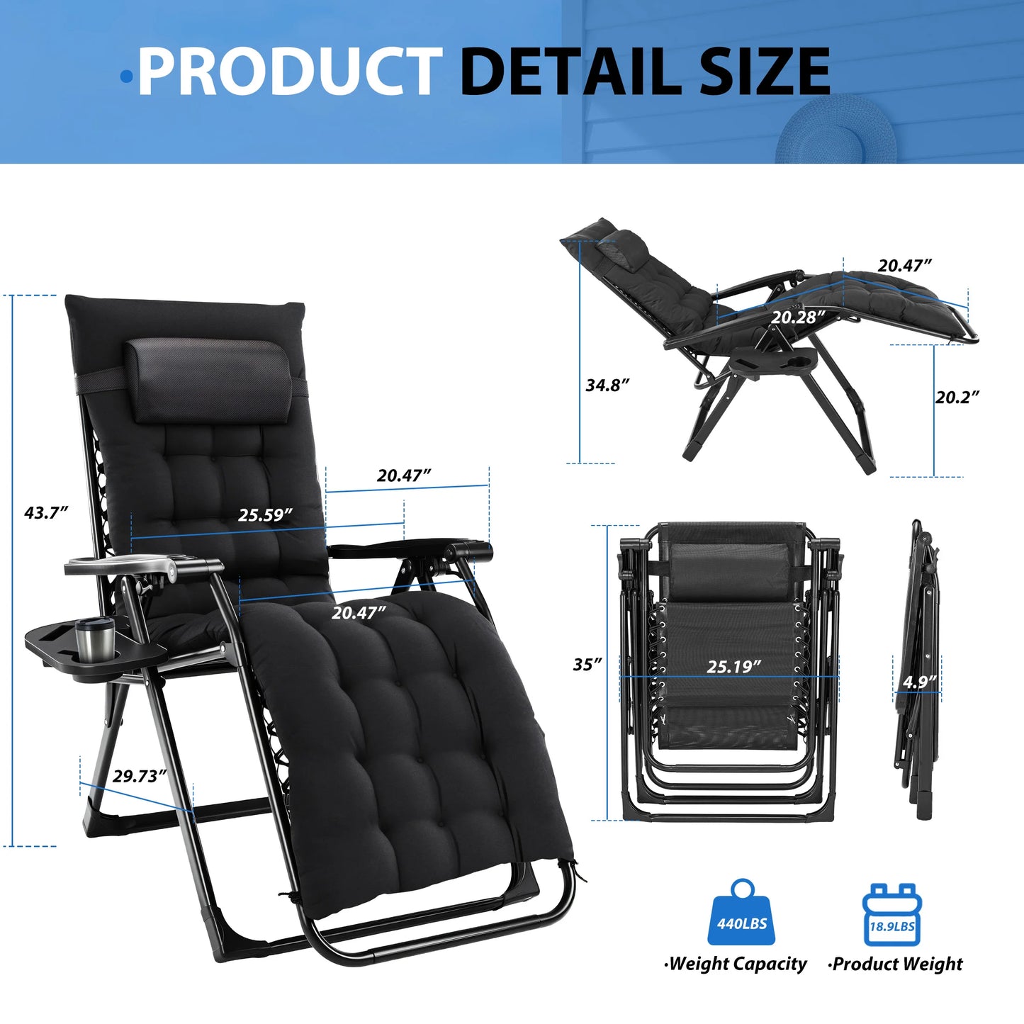 Zero Gravity Cushioned Lounge Chair Outdoor Folding Padded Cup Holder