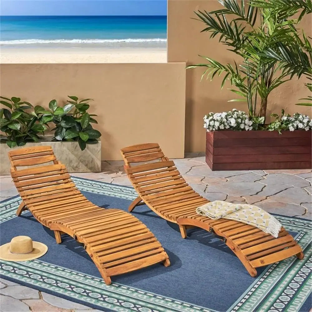 Natural Yellow Wood Outdoor Chaise Lounge Set, 2-Piece Folding