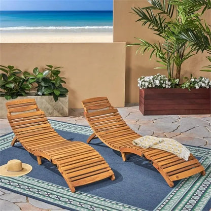 Natural Yellow Wood Outdoor Chaise Lounge Set, 2-Piece Folding