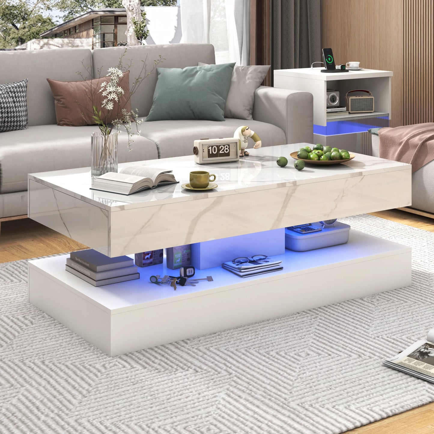 Modern Double-Layer Coffee Table with LED lights, 2 Storage Drawers