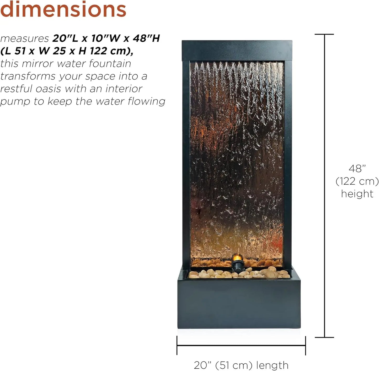 Mirror Waterfall Fountain-Stones & Lights -Indoor/Outdoor 48 Inches