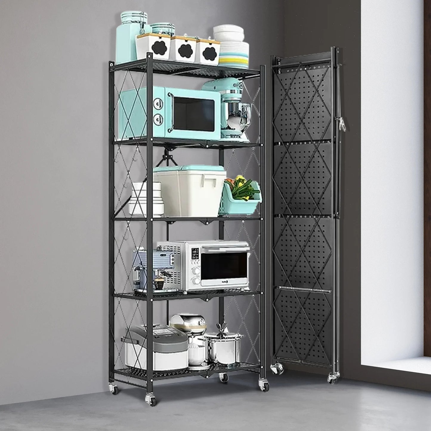Storage Shelving 5-Tier With Wheel Unit Metal Shelf Adjustable